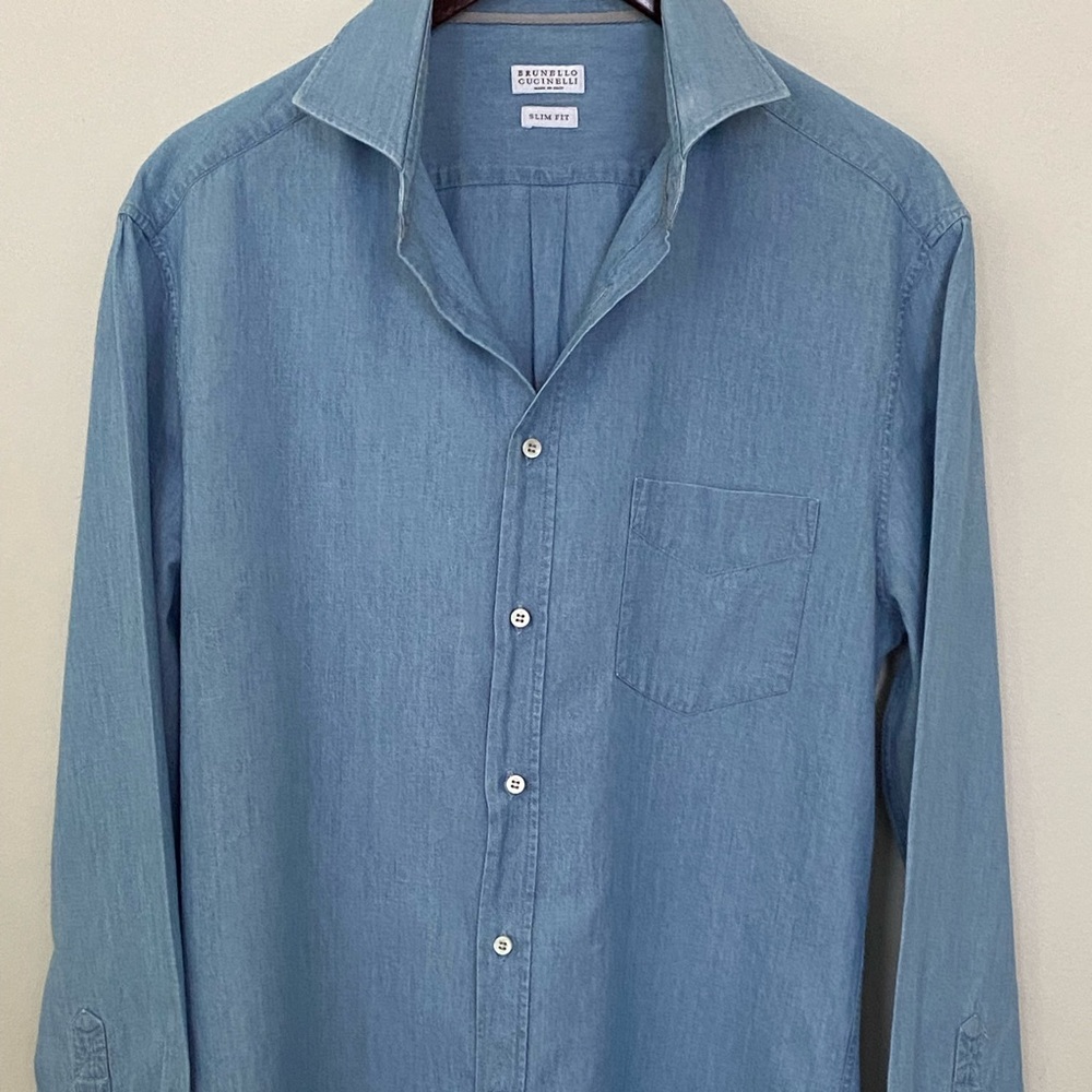 Brunello Cucinelli NWT Chambray Shirt Light Blue 100% Cotton - Slim Fit - Sz. L